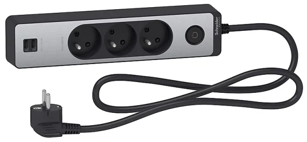 Boutique Castorama Multiprise 3 Prises + 2 USB Schneider Electric Odace Alu 1.5 M 1