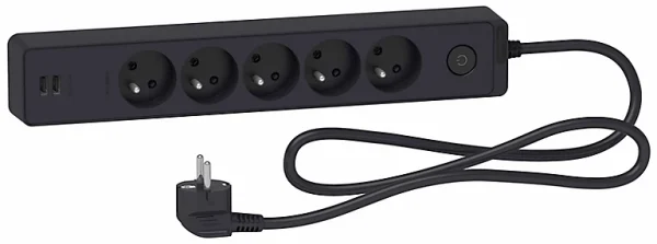 Nouveau Castorama Multiprise 5 Prises + 2 USB Schneider Electric Odace Anthracite 1.5 M 1