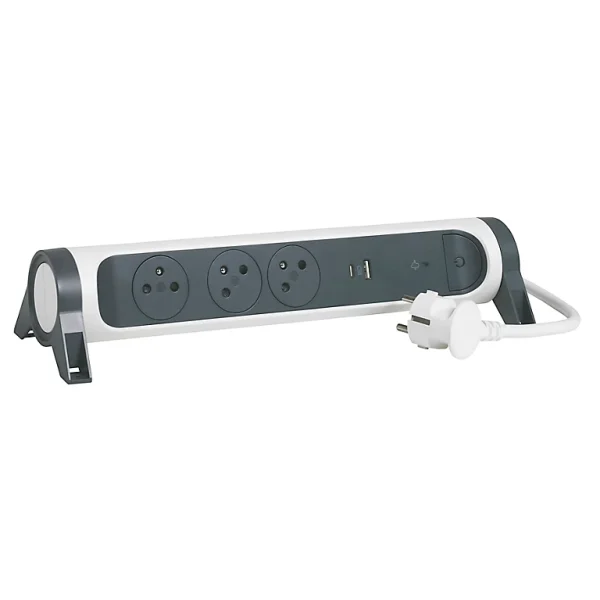 Castorama Multiprise Parafoudre 3 Prises 2 Pôles+terre + + 2 Chargeurs USB-A Et C Legrand Blanc Et Gris 1,5 M luxe soldes 1